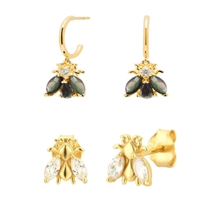 Bee Hoop Stud Earrings Copper Zircon Animal Inlaid Delicate Jewelry For Women With 925 Sterling Silver Earring Post