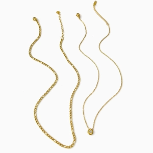 French style 18K gold plated titanium steel Figaro chain and zircon pendant necklace set