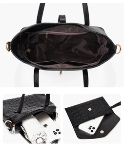 Internal view of black crocodile pattern tote bag set showing large storage capacity