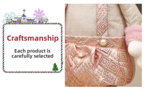 Close-up of pink and gold diamond-patterned fabric with plush fur and pearl button detail