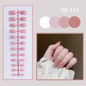 Detailed look of nude pink medium square press-on nails with shiny finish and model view