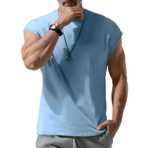 Side view of men's slim fit sleeveless muscle T-shirt in light blue color