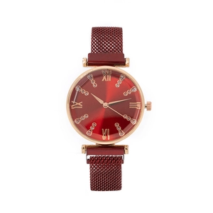 Detail of red sunburst dial with rose gold case and Milanese mesh steel watch band