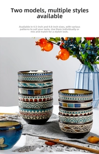 Detail of 4.5 and 4.8 inch Bohemian ceramic bowls with vibrant geometric patterns