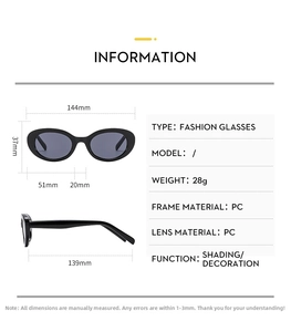 Size chart showing exact dimensions and 28g weight for oval frame sunglasses