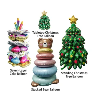 Standing Christmas Tree Birthday Cake Stacked Bear Aluminum Foil Balloons Multilayer Metallic Holiday Party Decoration Props