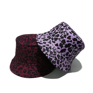 Burgundy and lavender leopard print bucket hats for men and women in cotton canvas