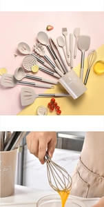 Detailed set of 12 silicone kitchen utensils with stainless steel handles and storage bucket