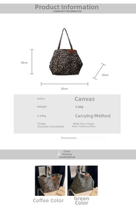 Detailed size chart and specifications for the leopard print canvas tote bag