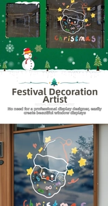 Detail of Santa Claus static window sticker with colorful stars and Christmas lettering