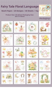 Macro layout of 20 watercolor fairy forest stickers set for DIY journal scrapbooking