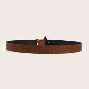 Brown textured leather belt with hollow star patterns and dark metal buckle for daily wear