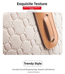 Detailed macro view of the oval embossed leather texture on a beige tote bag
