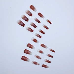 Long trapezoid press-on nails with red-brown gradient butterfly and snake patterns