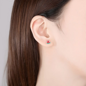 Cute S925 sterling silver watermelon stud earrings with red enamel for women
