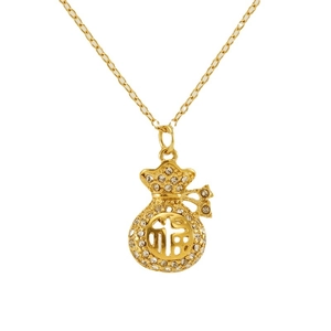 Collier mode avec pendentif sac de fortune doré, zircons blancs et caractère FU ajouré