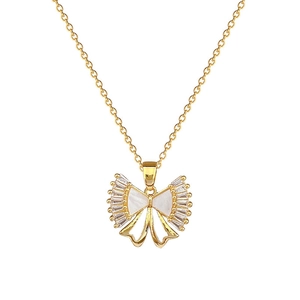 Elegant gold titanium steel necklace featuring a bow pendant with shell and zircon inlay