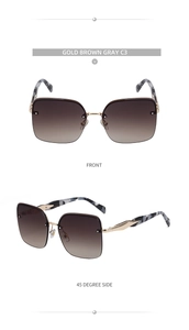 Detailed front and side views of gold square sunglasses with marble pattern temples