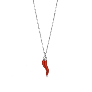 Minimalist red chili pepper cornicello pendant necklace on a polished silver chain