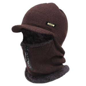 Coffee brown fleece-lined winter knit hat with zipper mask and neck warmer for men