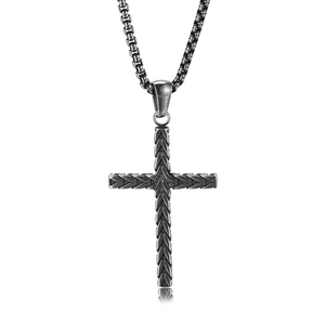 Vintage cross necklace for men with woven texture and matching metal chain in aged silver
