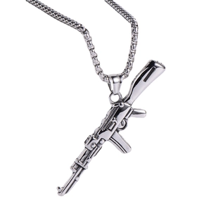 Polished silver stainless steel AK47 rifle pendant necklace for men on white background