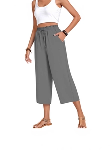 Women's casual grey high-waisted linen wide-leg pants with elastic drawstring waist