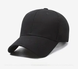 Side view of black mesh baseball cap showing breathable texture and curved visor