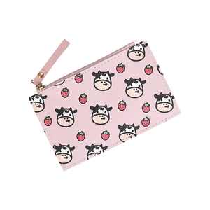 Pink mini zipper wallet with cartoon cow and strawberry pattern on high quality PU leather