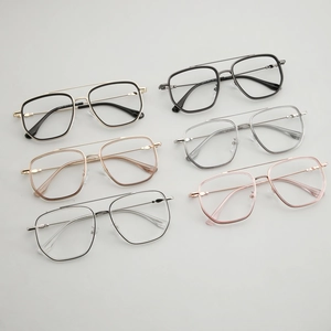 Detailed arrangement of six polygon aviator glasses frames in black, gold, and silver finishes