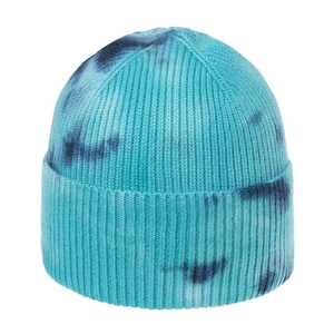 Blue and white tie-dye ribbed knit beanie with a folded cuff for winter outdoor style