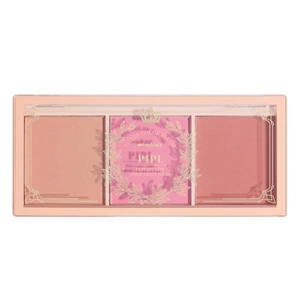 Three-color matte blush palette featuring peach and rose tones in a transparent case