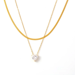 Double-layered 18k gold plated stainless steel necklace with a zircon heart pendant