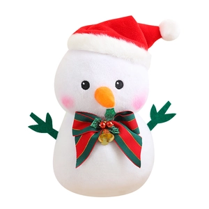 Cute plush snowman with festive Santa hat and red-green bow tie bell decoration