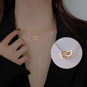 Interlocking Double Heart Necklace Titanium Steel Gold Plated Minimalist Korean Style Clavicle Chain Jewelry For Women