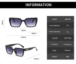 Detailed dimension guide for square frame sunglasses with PC lens and frame measurements