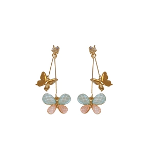 Elegant gold butterfly dangle earrings with pink and blue checkered resin wings and zircon