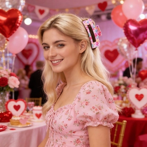 Close-up of a pink heart-patterned hair claw clip worn by a model in a festive party setting