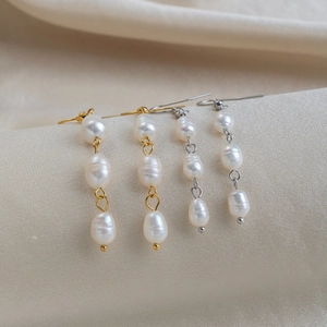 Elegant 18K gold plated stainless steel long freshwater pearl drop earrings for women