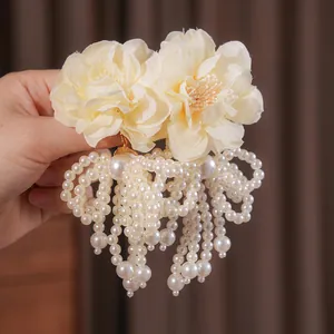 Elegant off-white fabric flower earrings with tassel imitation pearls for women