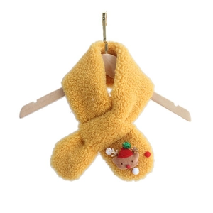 Kids warm yellow fleece Christmas scarf with cute reindeer decoration on wooden hanger