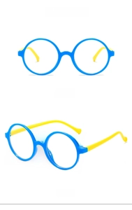 Front and side views of round blue frames with bright yellow temples for kids