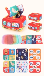 Detail view of baby plush tissue box toy with sensory scarves for alphabet and number learning