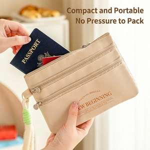 Beige nylon travel passport holder with three zipper layers and elegant text detail
