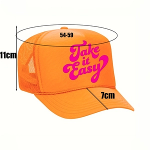 Orange trucker hat with Take It Easy print and mesh back, side view with size dimensions