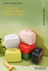 Stack of multi-color 14-inch mini hard shell cosmetic cases with top handles