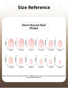 Size chart showing 12 dimensions for short round white gradient French press-on nails