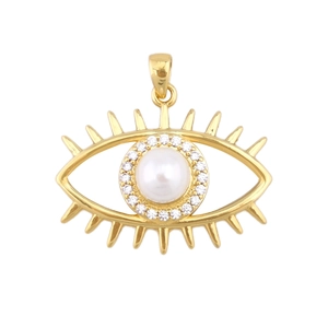 Macro view of gold-plated evil eye pendant with central pearl and sparkling zircon accents
