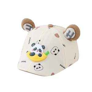Off-white cotton panda print beret for toddler boys with 3D ears and banana patch