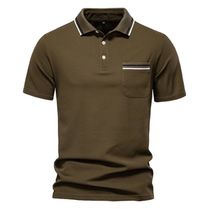 Detail of piqué fabric texture and contrast stripe on olive green polo shirt collar
